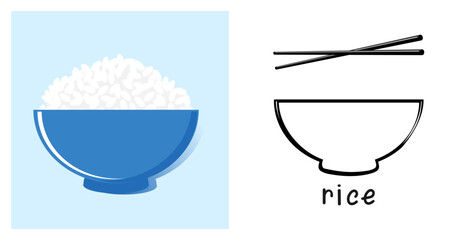 Rice bowl signs, chopsticks and hand written fonts on blue and white backgrounds vector.