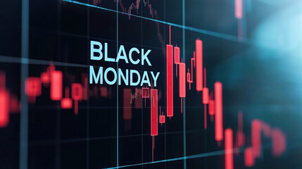 Stock market crash concept with declining red candlestick chart and Black Monday text on digital screen
