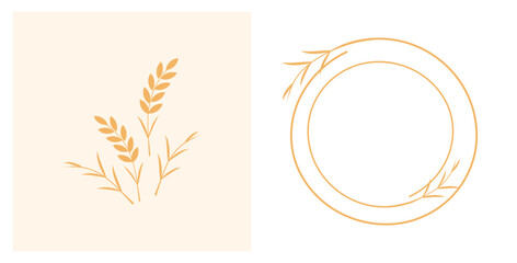 Rice or wheat plant logo signs on light brown background. Rice plate sign logo in doodle style isolated on white background vector.