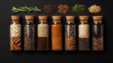 Assorted spices and herbs in glass jars on a dark background