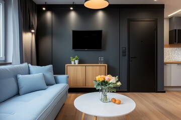 Modern living room interior with dark walls and elegant decor