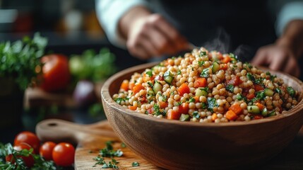 Vegan Chef Making Colorful Bulgur Salad with Fresh Vegetables in Rustic Kitchen Environment