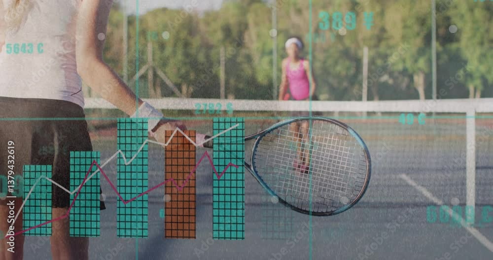 Poster on court, tennis players with animation overlay displaying statistics and data