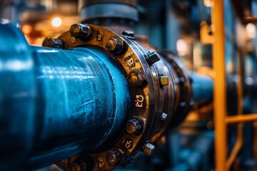 Close-up view of industrial blue pipeline inside a mechanical facility