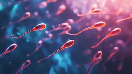 Microscopic view of cells swimming in a fluid medium, enhanced with vivid colors and a dynamic sense of movement, biology and medicine.