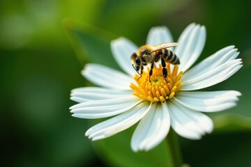 White bee sitting on a white flower with intricate details , botanical, bee icon, close-up