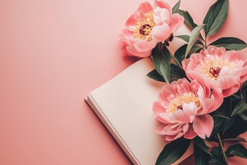 Beautiful pink peonies and open notebook on a soft pink background