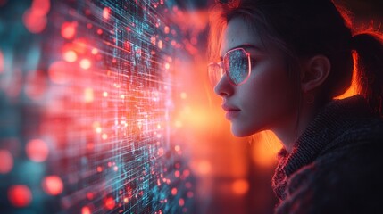 Futuristic User Interaction with Holographic Technology and Neon Lighting