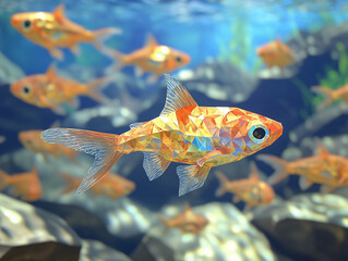 Obraz premium Guppies in a low-poly style swarm near the surface of their home, digital art