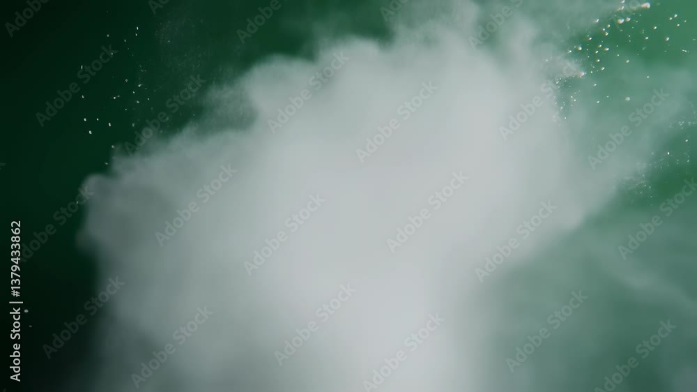 Poster white powder creates a visually striking explosion against a vibrant green screen backdrop, offering