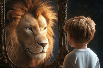 Boy Looking Into Mirror Seeing a Powerful Lion Reflection Inside