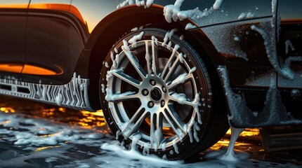 A black luxury car gets a foamy hand wash detail