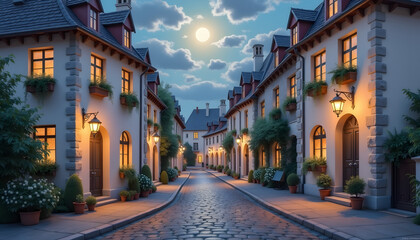 Fototapeta premium Charming street illuminated by lanterns under the moonlight 
