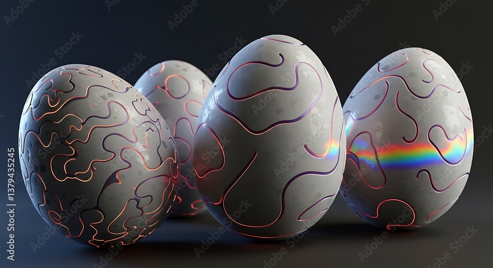 Poster abstract easter eggs with intricate patterns and iridescent effects