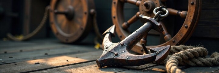 Weathered wooden anchor rests on a worn rope, amidst the shadows of an old sailing ship's wheel, rustic, sailing, vintage nautical elements