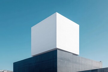 Modern minimalist architecture scene with white cube structure on dark building in urban environment