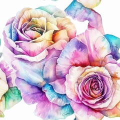 Vibrant watercolor rainbow roses, close-up, floral art, white background tile pattern