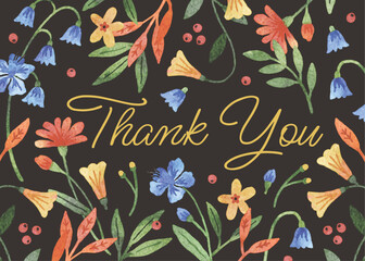 Obraz premium Colourful watercolour hand drawn floral thank you card