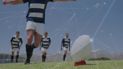 Soccer players on field with digital network connections overlay animation - Powered by Adobe
