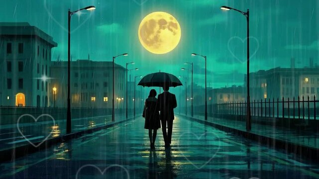 lofi love couple night love rain with umbrella full moon 4k video people walking in the city