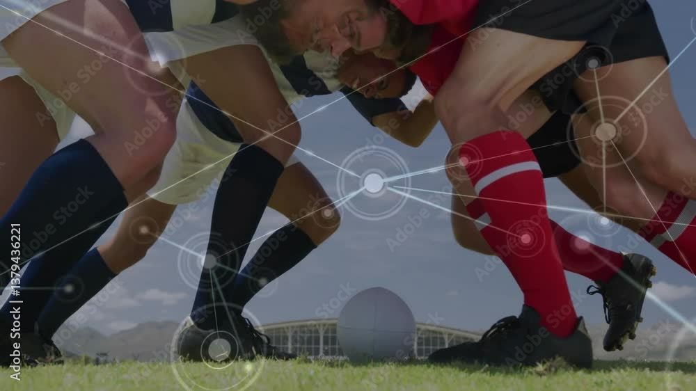 Poster rugby players in scrum with animated network connections overlay on field