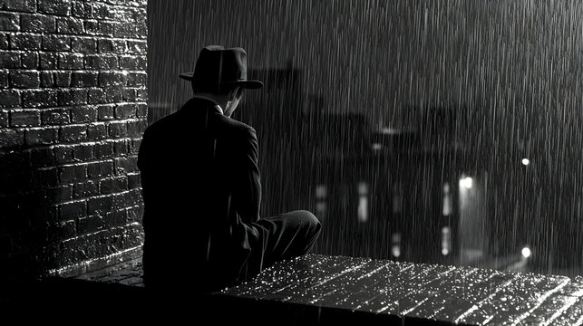 Fototapeta Pensive Man in Suit Sitting on Rooftop in Rain at Night