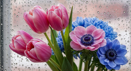 Obraz premium Spring Flowers Tulips Anemones Bouquet Raindrop Window
