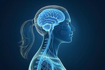 3D medical illustration of a human female head and neck in a side profile view, highlighting the brain and brainstem.