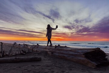 A woman stands silhouetted on driftwood at sunset, holding a hat, enjoying the view of Point Reyes Beach, Inverness, California, USA. She is relaxing and taking in the beauty of nature.