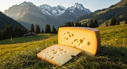 A block and a slice of emmental cheese on grass with mountains in the background on a sunny day