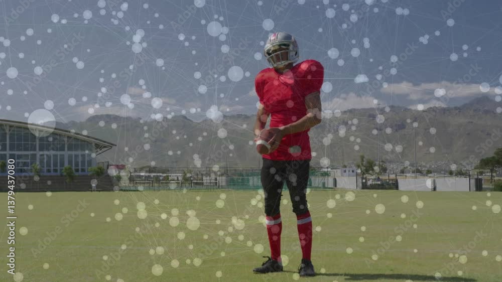 Poster Football player on field with network connections and data processing animation