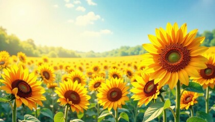 Fototapeta premium Watercolor sunflower fields with warm hues, sunny, flowers, landscape