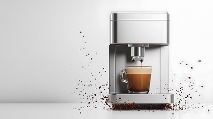 A sleek, automatic coffee maker brews a perfect cup in a modern, clean setting, with coffee grounds creating a dynamic, stylized effect.