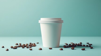 Minimalist coffee setup: A white takeaway cup takes center stage, surrounded by scattered roasted coffee beans against a soothing teal background.