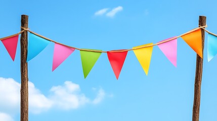 Colorful triangular flags flutter under a clear blue sky, strung between rustic wooden posts, celebrating an outdoor event.
