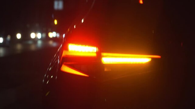 Close up of a car's blinker indicating the direction change at night