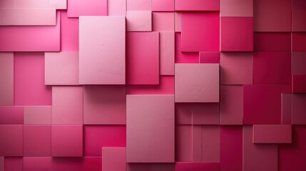 A textured wall of pink squares in varying shades and sizes creates a vibrant visual display.