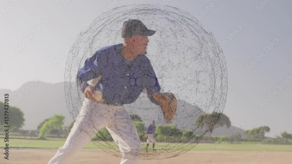 Poster baseball player preparing to pitch with network of connections animation overlay