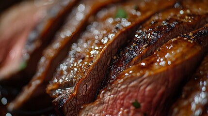 Aromatic, savory sliced steak, glistening with caramelized glaze, offers a tantalizing peek at its rosy center. Perfect for dinner.
