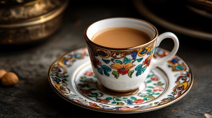 Floral cup of creamy tea on a matching saucer, set against a backdrop of antique metalware, evoking a sense of timeless serenity.