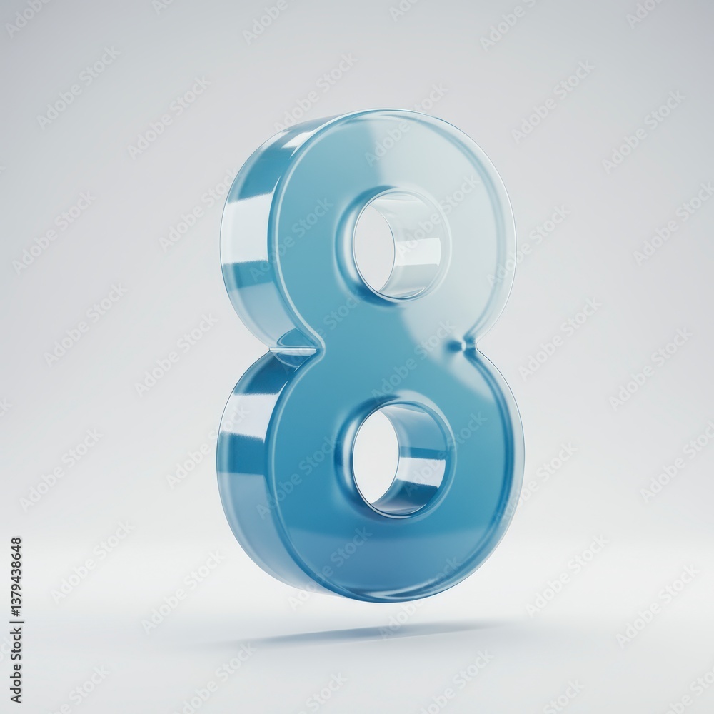 Poster shiny blue number eight standing isolated on white background rendering