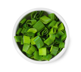 Fresh chopped green onion in bowl isolated on white, top view