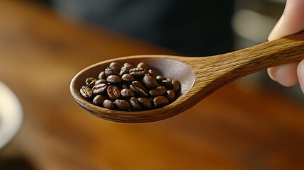 Coffee beans fill a wooden spoon held in hand, showcasing rich, dark roast against a blurred background, perfect for brewing.