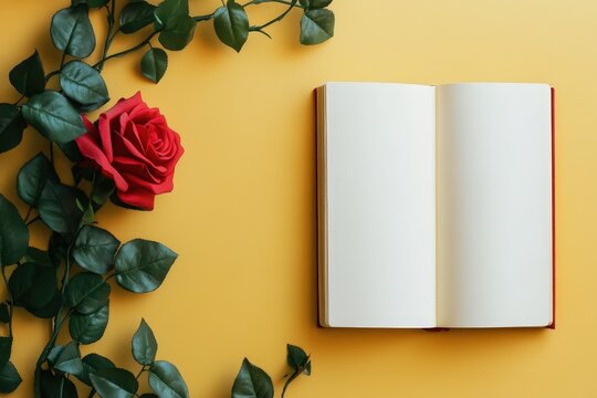 A red rose and open notebook sit on yellow surface