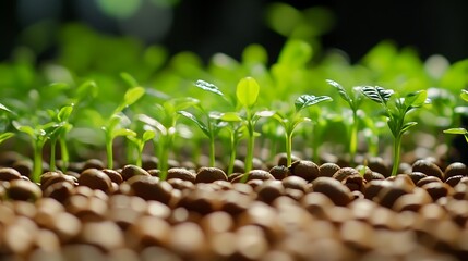 Seedlings emerge from a bed of brown, rounded stones, bathed in gentle light, symbolizing growth and new beginnings in nature.
