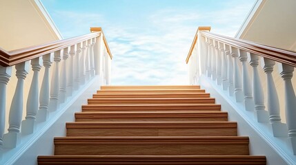 Staircase leading to a bright, blue sky. Wooden steps, white railings and post accents