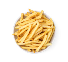 Delicious French fries in bowl isolated on white, top view