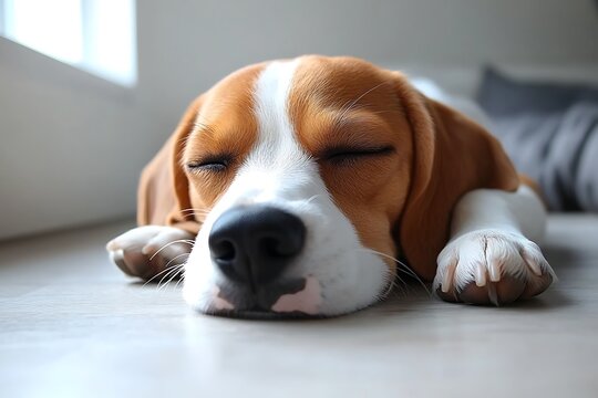 Beagle puppy sleeping indoors.