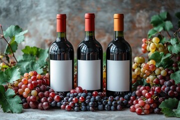 Obraz premium Three wine bottles with blank labels and grapes on white background for mockup design presentation