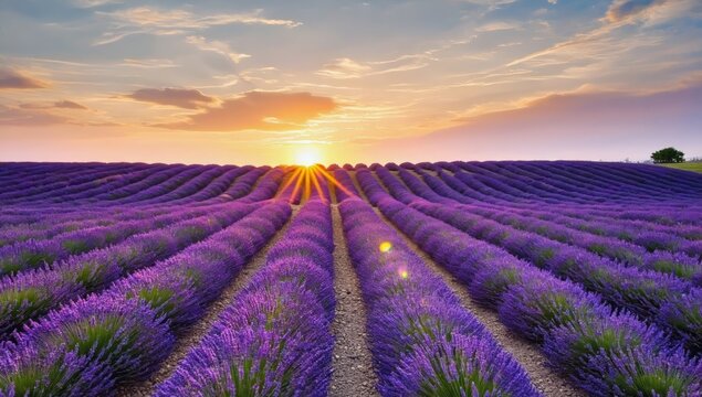 Vibrant Purple Lavender Field with Radiant Sun Rays at Sunrise/Sunset - Made with Generative AI